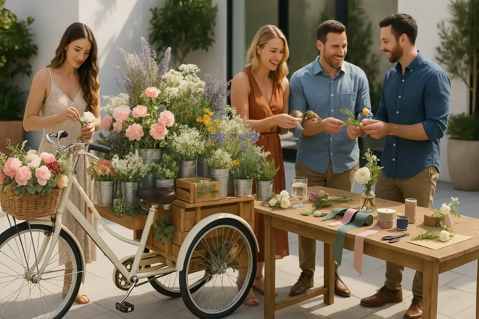 Stand interactif de bar à fleurs sur tricycle pour événements