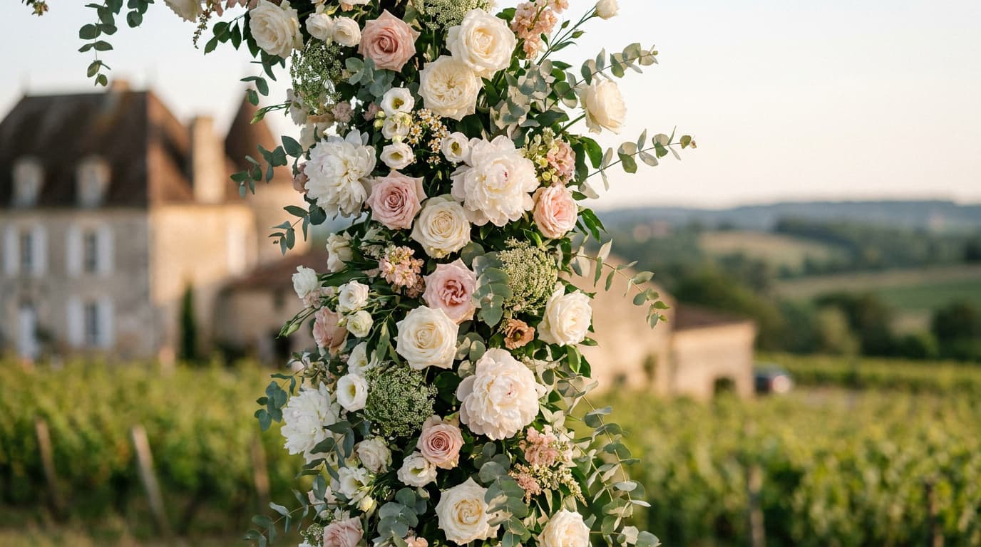 Arche florale élégante avec roses et pivoines devant un château viticole en Gironde au coucher du soleil.